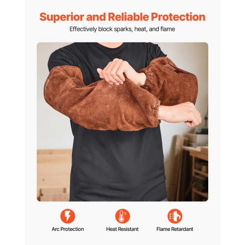 VEVOR Leather Welding Sleeves, Heavy Duty Cowhide Flame Resistant Work Sleeves for Arm Protection, Heat-Resistant Safety Sleeve for Welding,