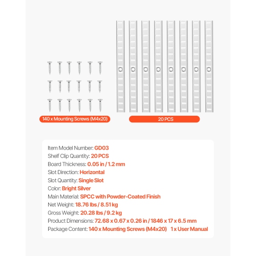 VEVOR 72.7-inch Shelf Pilaster, 20 Pack, Adjustable Shelf Brackets Stainless Steel Mortise Mount Pilaster Strip Standards with 140 Screws, Suitable