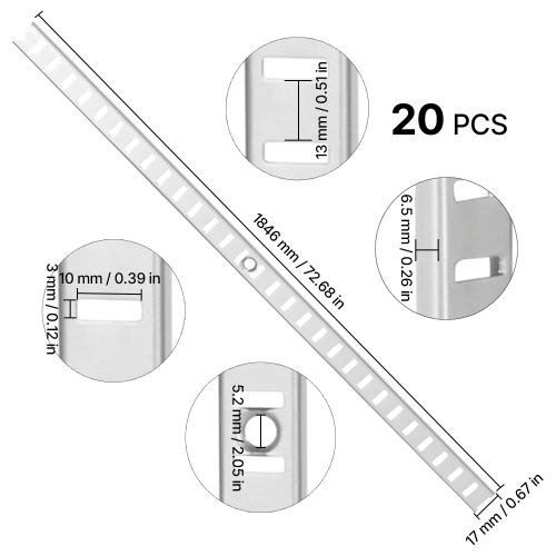VEVOR 72.7-inch Shelf Pilaster, 20 Pack, Adjustable Shelf Brackets Stainless Steel Mortise Mount Pilaster Strip Standards with 140 Screws, Suitable