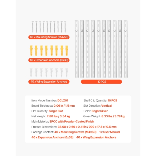 VEVOR 39-inch Shelf Pilaster, 10 Pack, Upright Wall Shelving System, Heavy Duty Support System Single Slot Shelf Rails, 40 Screws Included, Suitable