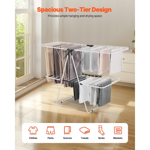 VEVOR 2-Tier Clothes Drying Rack, Foldable Laundry Dryer Rack with Sock Clips & 31 Dry Rods, Metal Height Adjustable Drying Racks for Outdoor &