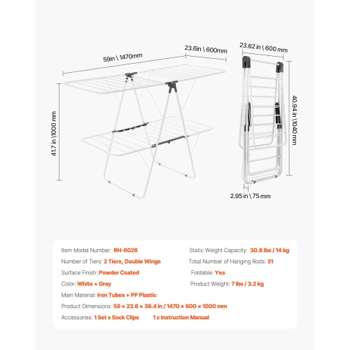 VEVOR 2-Tier Clothes Drying Rack, Foldable Laundry Dryer Rack with Sock Clips & 31 Dry Rods, Metal Height Adjustable Drying Racks for Outdoor &
