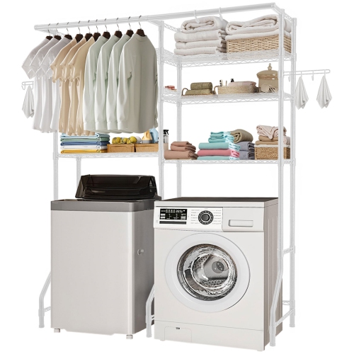 VEVOR 6 Tiers Over Washer and Dryer Storage Shelves, Laundry Room Drying Rack with Hanger Rod and Hooks, Two Rows Adjustable Washer Shelves Space