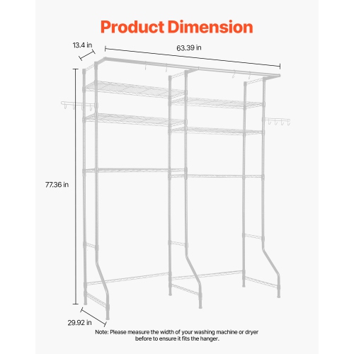 VEVOR 6 Tiers Over Washer and Dryer Storage Shelves, Laundry Room Drying Rack with Hanger Rod and Hooks, Two Rows Adjustable Washer Shelves Space