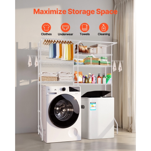 VEVOR 6 Tiers Over Washer and Dryer Storage Shelves, Laundry Room Drying Rack with Hanger Rod and Hooks, Two Rows Adjustable Washer Shelves Space