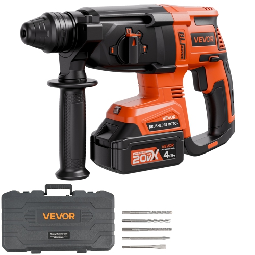 VEVOR 20V Brushless Cordless Hammer Drill, Lithium-Ion 1 Inch Rotary Hammer Driver, SDS-Plus Electric Lightweight Power Tool Kit with Battery, 4