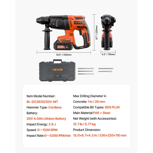 VEVOR 20V Brushless Cordless Hammer Drill, Lithium-Ion 1 Inch Rotary Hammer Driver, SDS-Plus Electric Lightweight Power Tool Kit with Battery, 4