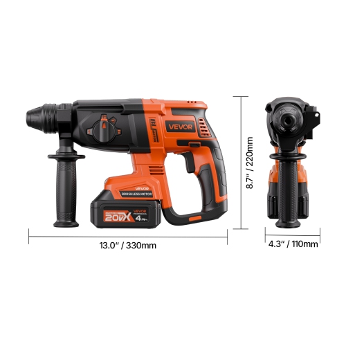 VEVOR 20V Brushless Cordless Hammer Drill, Lithium-Ion 1 Inch Rotary Hammer Driver, SDS-Plus Electric Lightweight Power Tool Kit with Battery, 4