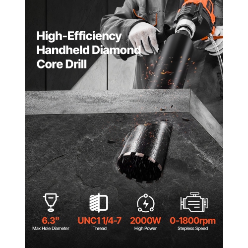 Perceuse à noyau diamanté VEVOR 2000&nbsp;W, diamètre de perçage de 0,8 à 6,3&nbsp;po, plate-forme à main pour béton sec et humide avec 4 forets,