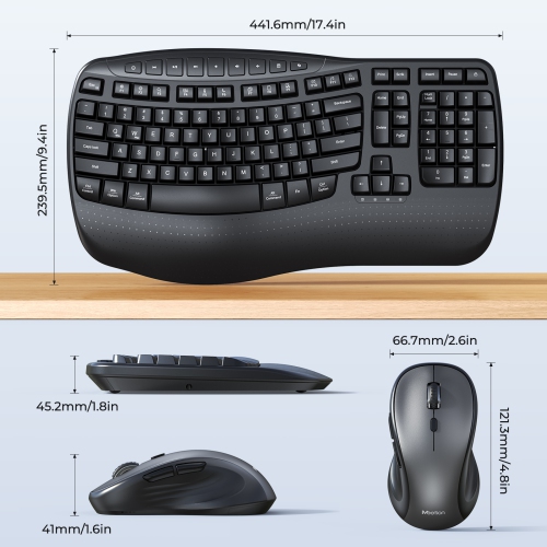 MEETION Director-D2 Ergonomic Wireless Keyboard & Mouse, Wave Keys, 2.4G Wireless, Adjustable DPI, Wrist Rest, for PC/Laptop/Mac, Black