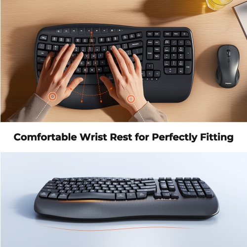 MEETION Director-D2 Ergonomic Wireless Keyboard & Mouse, Wave Keys, 2.4G Wireless, Adjustable DPI, Wrist Rest, for PC/Laptop/Mac, Black