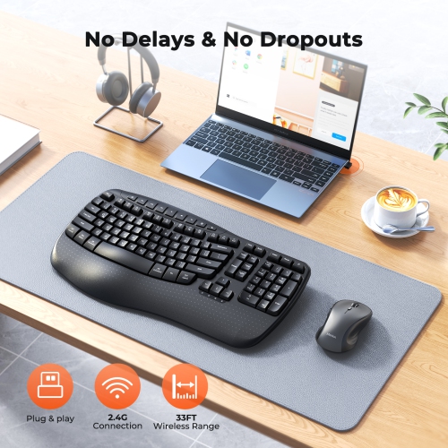 MEETION Director-D2 Ergonomic Wireless Keyboard & Mouse, Wave Keys, 2.4G Wireless, Adjustable DPI, Wrist Rest, for PC/Laptop/Mac, Black