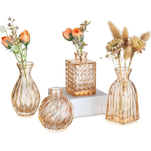 NIERBO  Glass Bud Vases for Centerpieces: Small Flower Vase Set Of 4 Vintage Cute Mini Vases for Flowers Champagne Centerpiece Vase for Table Decor