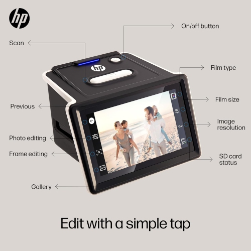 Numériseur de films et de diapositives FilmScan de HP avec écran tactile de 5 po, numériseur de films Convertir les négatifs en fichiers JPEG