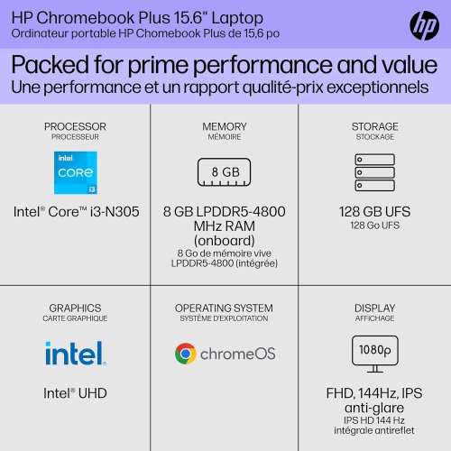 Refurbished HP Chromebook Plus 15.6" 144Hz FHD Laptop: Intel i3-N305, 8GB LPDDR5, 128GB UFS, Chrome OS