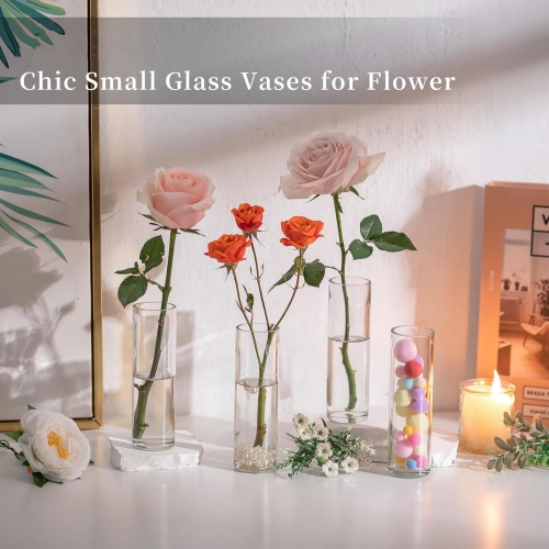 NIERBO Small Cylinder Glass Vases for Centerpieces: Clear Vase Set of 24 Modern Centerpiece Vases for Table Wedding Home Party Decor 5.9In Bud Vase