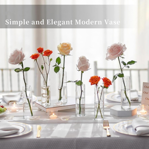 NIERBO Small Cylinder Glass Vases for Centerpieces: Clear Vase Set of 24 Modern Centerpiece Vases for Table Wedding Home Party Decor 5.9In Bud Vase