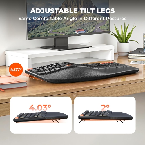 Clavier et souris ergonomiques DirectorC-3 de MEETION, partage sans fil/Bluetooth 2,4 GHz, repose-poignets coussiné, ajustable 4 ppp, appareils