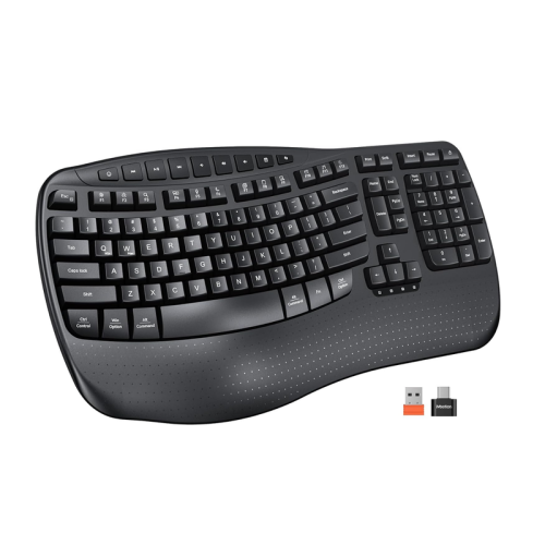 MEETION Wireless Ergonomic Keyboard, Wave Key Design with Wrist Rest, 2.4GHz USB-A & USB-C Adapter, Compatible with Windows/Mac/PC