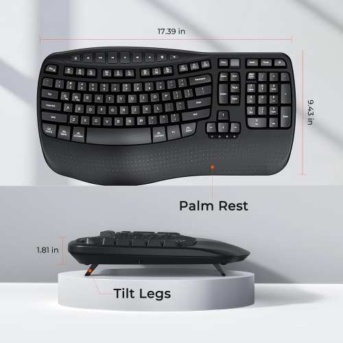 MEETION Wireless Ergonomic Keyboard, Wave Key Design with Wrist Rest, 2.4GHz USB-A & USB-C Adapter, Compatible with Windows/Mac/PC