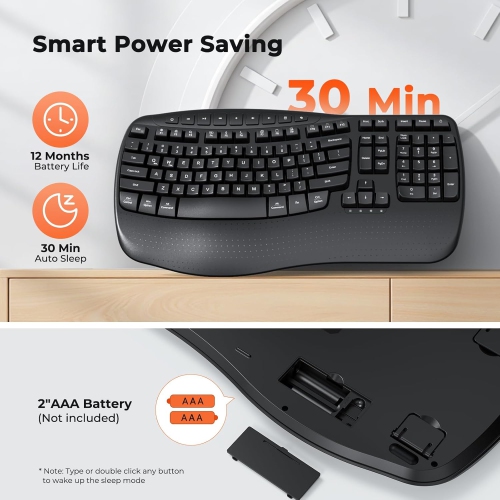 MEETION Wireless Ergonomic Keyboard, Wave Key Design with Wrist Rest, 2.4GHz USB-A & USB-C Adapter, Compatible with Windows/Mac/PC