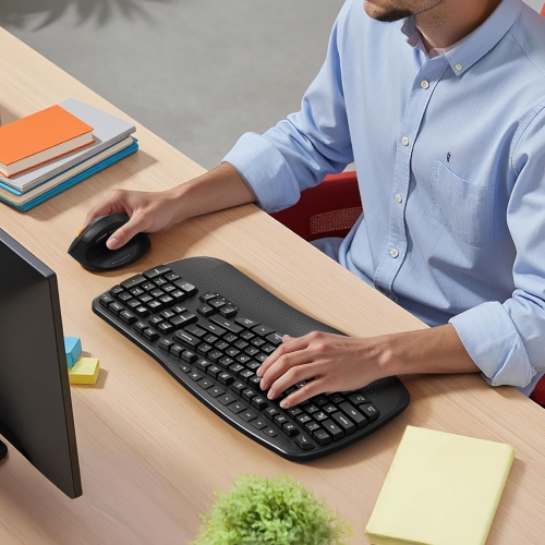 MEETION Wireless Ergonomic Keyboard, Wave Key Design with Wrist Rest, 2.4GHz USB-A & USB-C Adapter, Compatible with Windows/Mac/PC