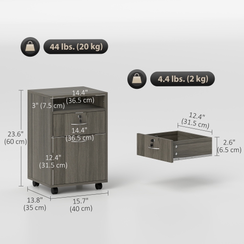 HOMCOM 24" Vertical Filing Cabinet with Lockable Drawer, Mobile File Cabinet with 2 Keys, Wheels for Home Office, Distressed Grey