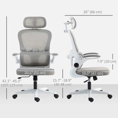 HOMCOM Ergonomic Office Chair with Flip-up Armrest, Executive Mesh Desk Chair with Coat Hanger, Rotatable Headrest, Adjustable Lumbar Support, Tilt