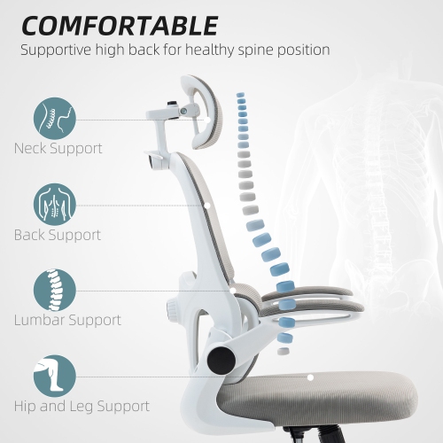 HOMCOM Ergonomic Office Chair with Flip-up Armrest, Executive Mesh Desk Chair with Coat Hanger, Rotatable Headrest, Adjustable Lumbar Support, Tilt