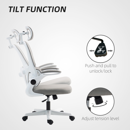 HOMCOM Ergonomic Office Chair with Flip-up Armrest, Executive Mesh Desk Chair with Coat Hanger, Rotatable Headrest, Adjustable Lumbar Support, Tilt