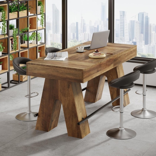 Tribesigns 63" Dining Table for 4-6, Counter Height Kitchen Table with Metal Footrest, High Top Bar Counter Tables with Sturdy Base for Dining Room,