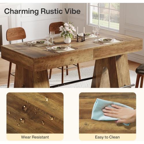 Tribesigns 63" Dining Table for 4-6, Counter Height Kitchen Table with Metal Footrest, High Top Bar Counter Tables with Sturdy Base for Dining Room,