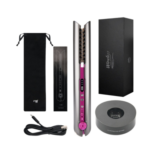 Wireless Charging Mini Hair Straightener & Curler 2-in-1 Portable Straightening Comb & Curling Iron - Sakura Pink - Round Base