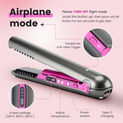 Wireless Charging Mini Hair Straightener & Curler 2-in-1 Portable Straightening Comb & Curling Iron - Sakura Pink - Round Base