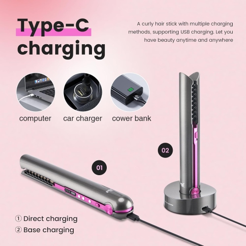 Wireless Charging Mini Hair Straightener & Curler 2-in-1 Portable Straightening Comb & Curling Iron - Sakura Pink - Round Base
