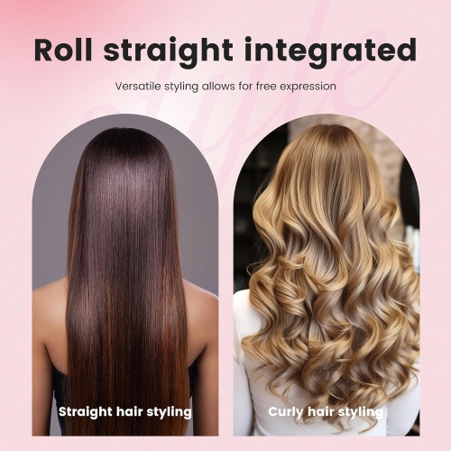 Wireless Charging Mini Hair Straightener & Curler 2-in-1 Portable Straightening Comb & Curling Iron - Sakura Pink - Round Base