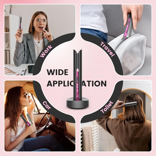 Wireless Charging Mini Hair Straightener & Curler 2-in-1 Portable Straightening Comb & Curling Iron - Sakura Pink - Round Base