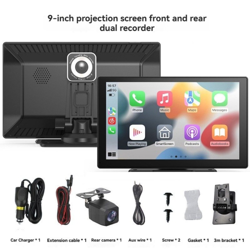 9-inch CarPlay front and rear dual-recording dashcam - CarPlay smart screen convenient navigation, smart Bluetooth, MP5 player, in-car screen