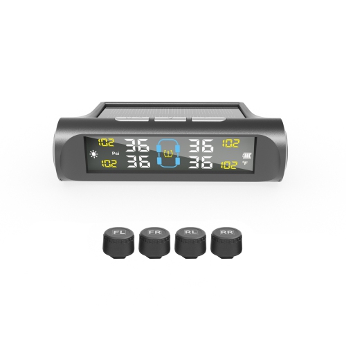 Car tire pressure monitor with LCD display and 4 external sensors for passenger cars, SUVs, MPVs, sedans, station wagons, campers, etc.