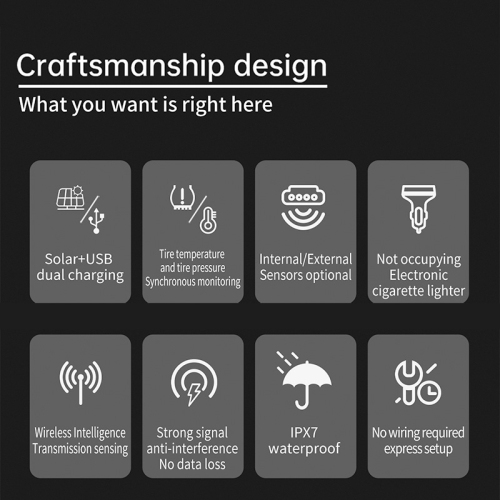 Car tire pressure monitor with LCD display and 4 external sensors for passenger cars, SUVs, MPVs, sedans, station wagons, campers, etc.