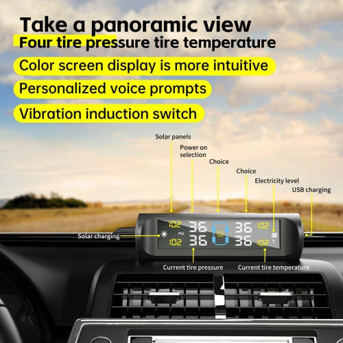 Car tire pressure monitor with LCD display and 4 external sensors for passenger cars, SUVs, MPVs, sedans, station wagons, campers, etc.