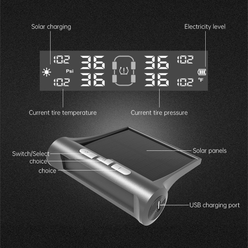 Car tire pressure monitor with LCD display and 4 external sensors for passenger cars, SUVs, MPVs, sedans, station wagons, campers, etc.