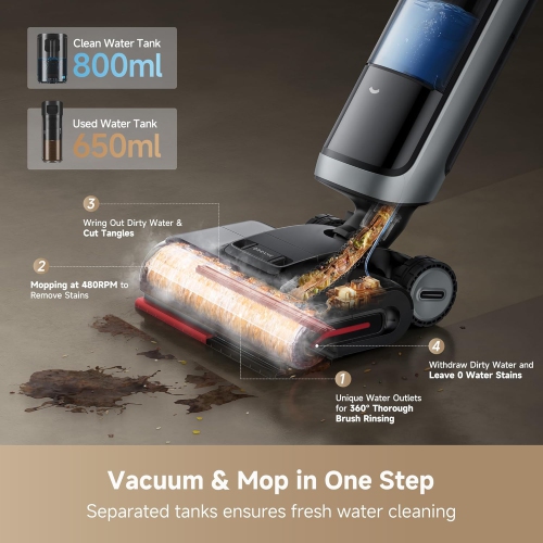 Dreame H15 Pro Heat Wet Dry Vacuum Cleaner, 185°F Hot Water Floor Washer, 22KPa Suction, 0 Hair Tangle Cordless Vacuum Mop, 212°F Self-Cleaning,