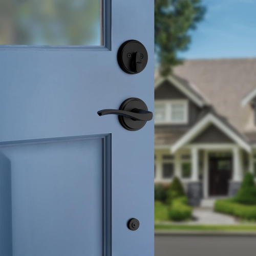Weiser Matte Black Front Door Lock and Handle Set, Prescott Deadbolt Lock and Handleset