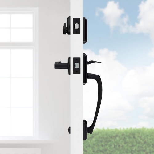 Weiser Matte Black Front Door Lock and Handle Set, Prescott Deadbolt Lock and Handleset