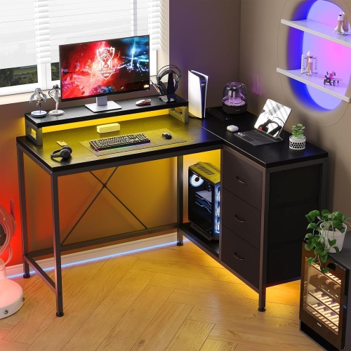 L Shaped Computer Gaming Desk with Power Outlets, Storage Shelves and Led Lights, Black