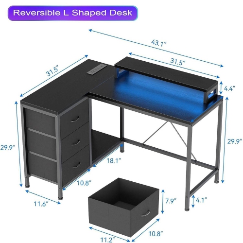 L Shaped Computer Gaming Desk with Power Outlets, Storage Shelves and Led Lights, Black