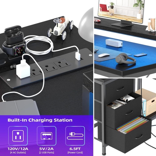 L Shaped Computer Gaming Desk with Power Outlets, Storage Shelves and Led Lights, Black