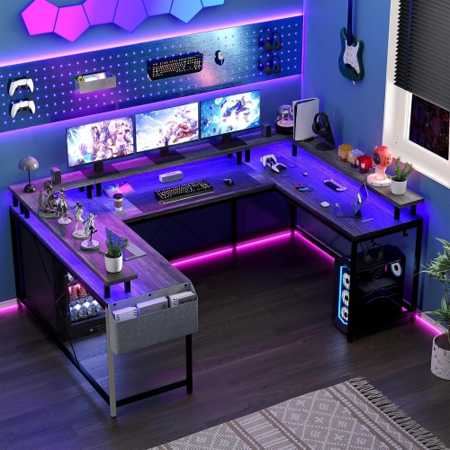 Bureau de jeu en U avec prises d'alimentation, lampes LED, support pour moniteur et tablettes de rangement, gris