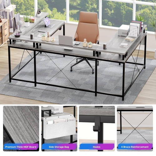 Bureau de jeu en U avec prises d'alimentation, lampes LED, support pour moniteur et tablettes de rangement, gris